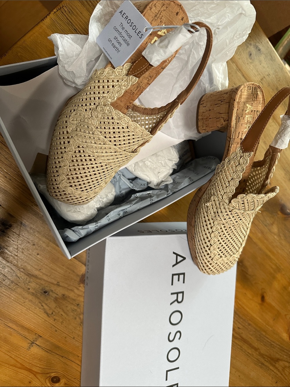AEROSOLES Beige Woven Slingback Cork Block Heel